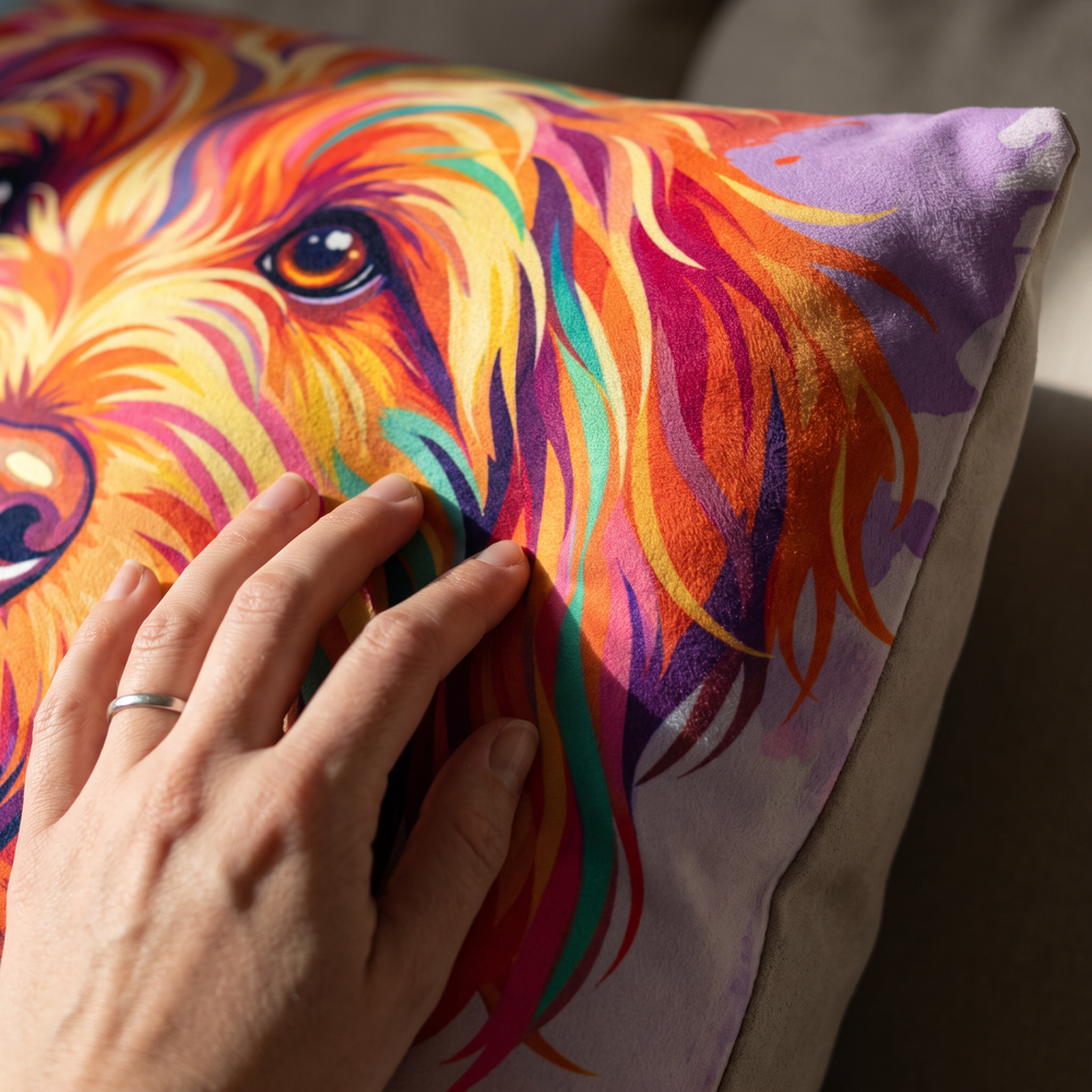 Close up of a hand on the soft-touch faux suede showing the Paint Splash print