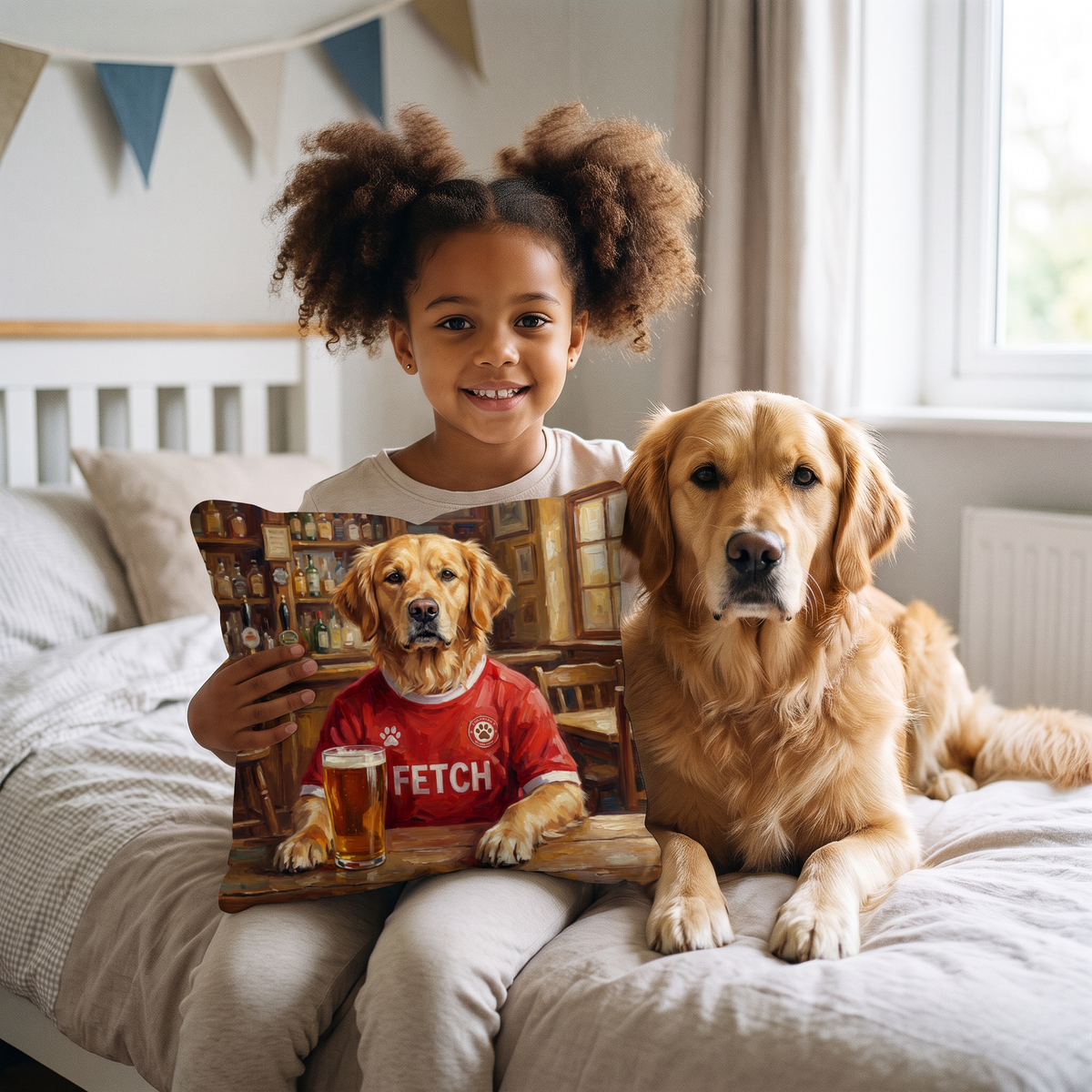 Liverpaw pet portrait cushion 26cm x 26cm being enjoyed at home