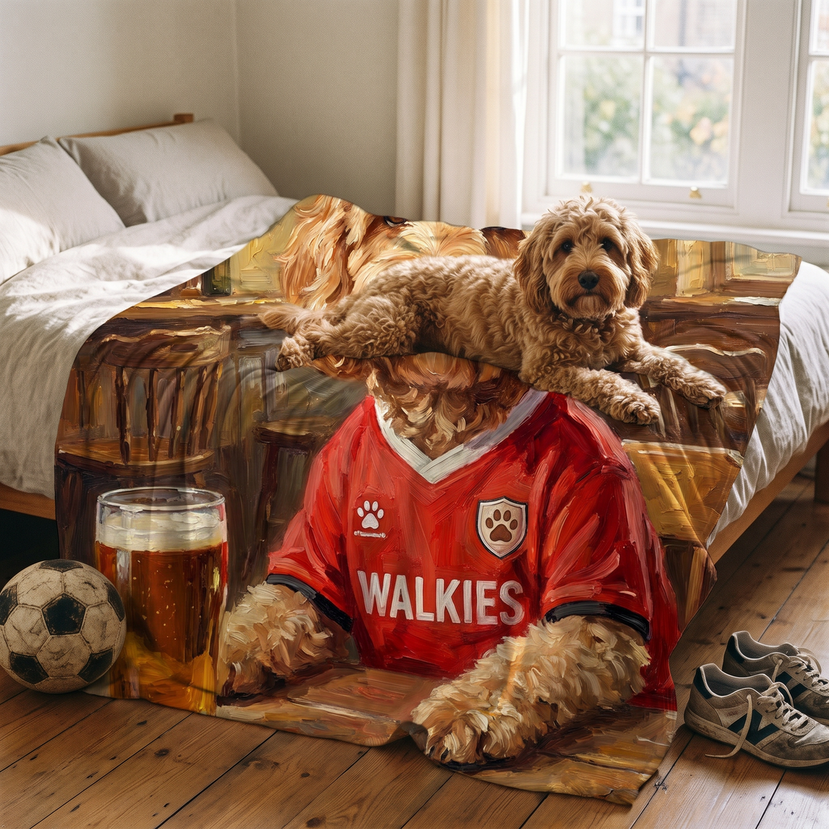Petchester United pet portrait king size fleece throw being enjoyed