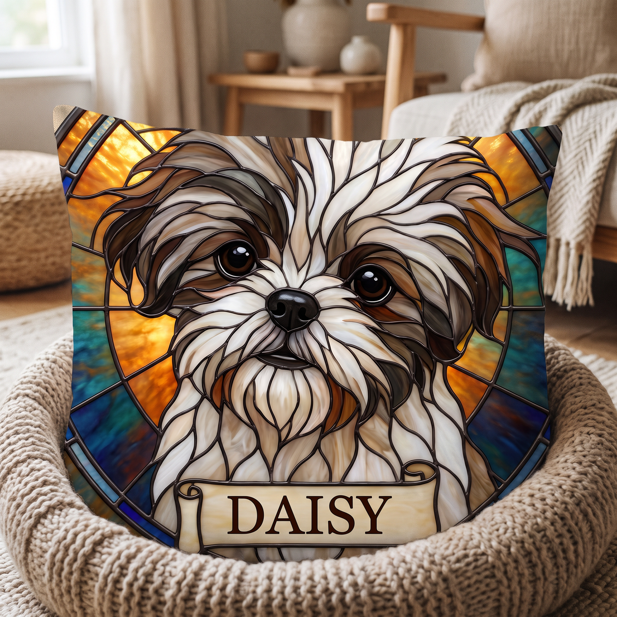 Stained Glass personalised pet cushion with the real pet