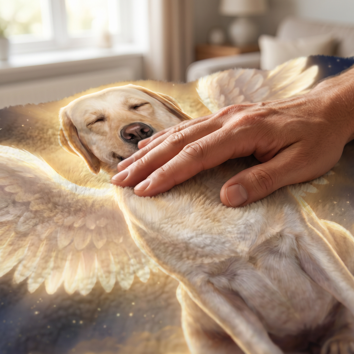 Close up of a hand on the ultra soft plush fleece showing the Heavenly Clouds Memorial print