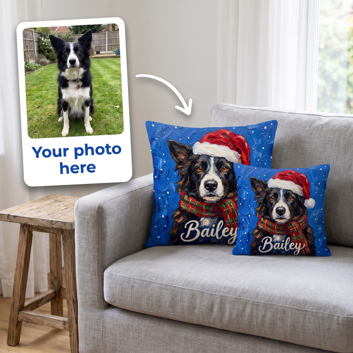 Your photo here - your pet's photo turned into a Christmas portrait on a personalised cushion