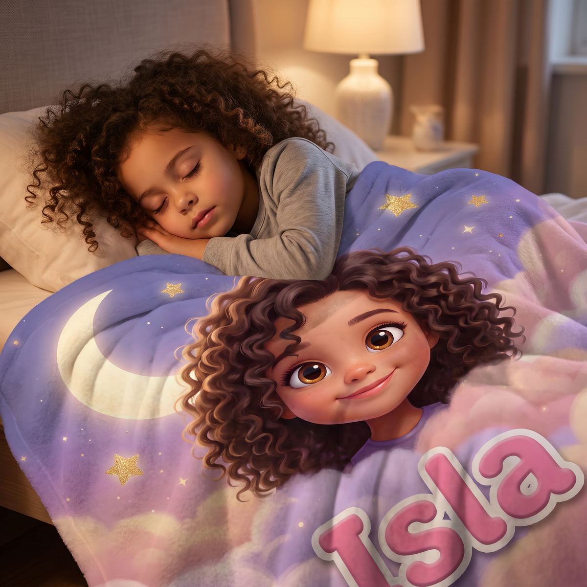 Dreamy Clouds personalised blanket at home with the real child