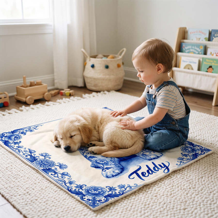 Lap size pet portrait blanket in a nursery with a golden retriever puppy and toddler