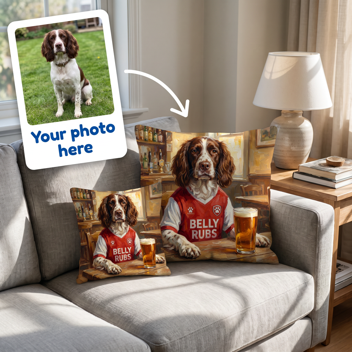 Your photo here - your pet's photo turned into a Barksenal portrait on a personalised cushion