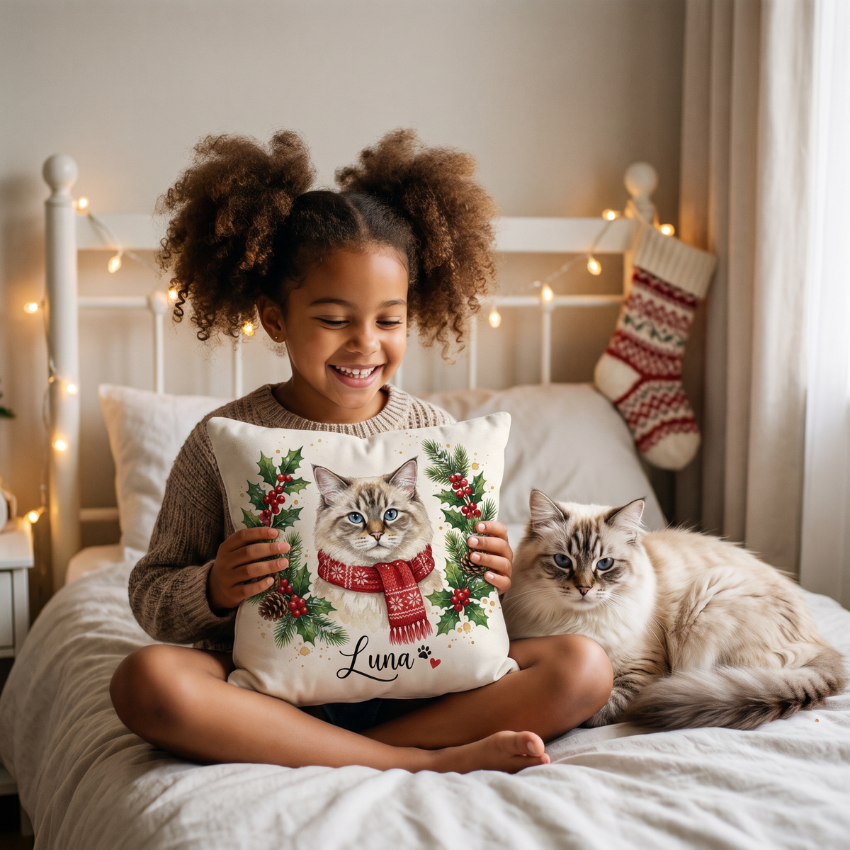 Christmas Holly Wreath pet portrait cushion 26cm x 26cm being enjoyed at home
