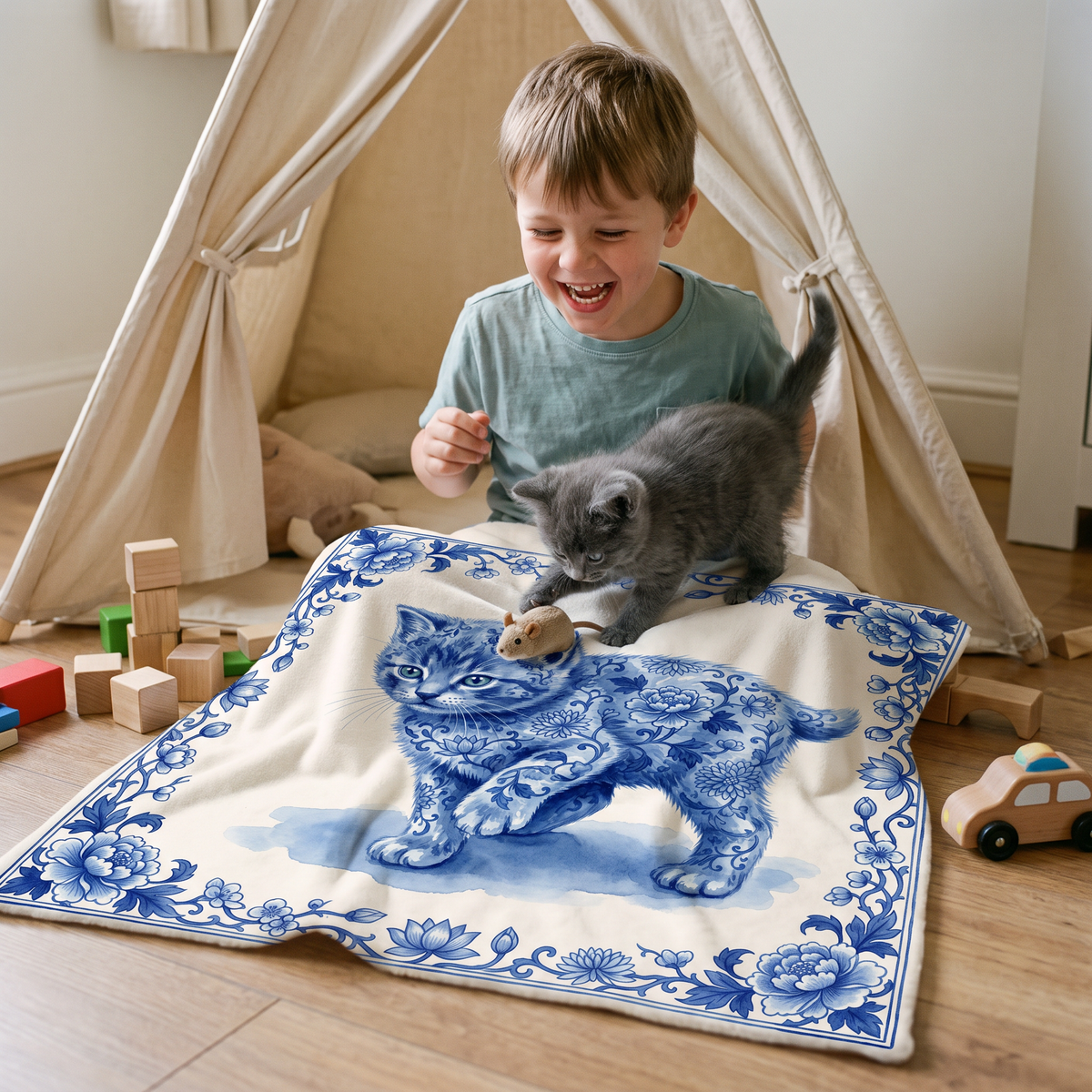 Boy playing with a grey kitten on a lap size pet portrait blanket