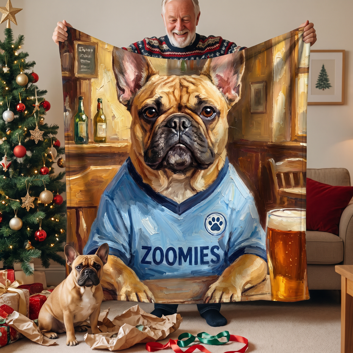 Pawchester City personalised pet blanket at home with the real pet