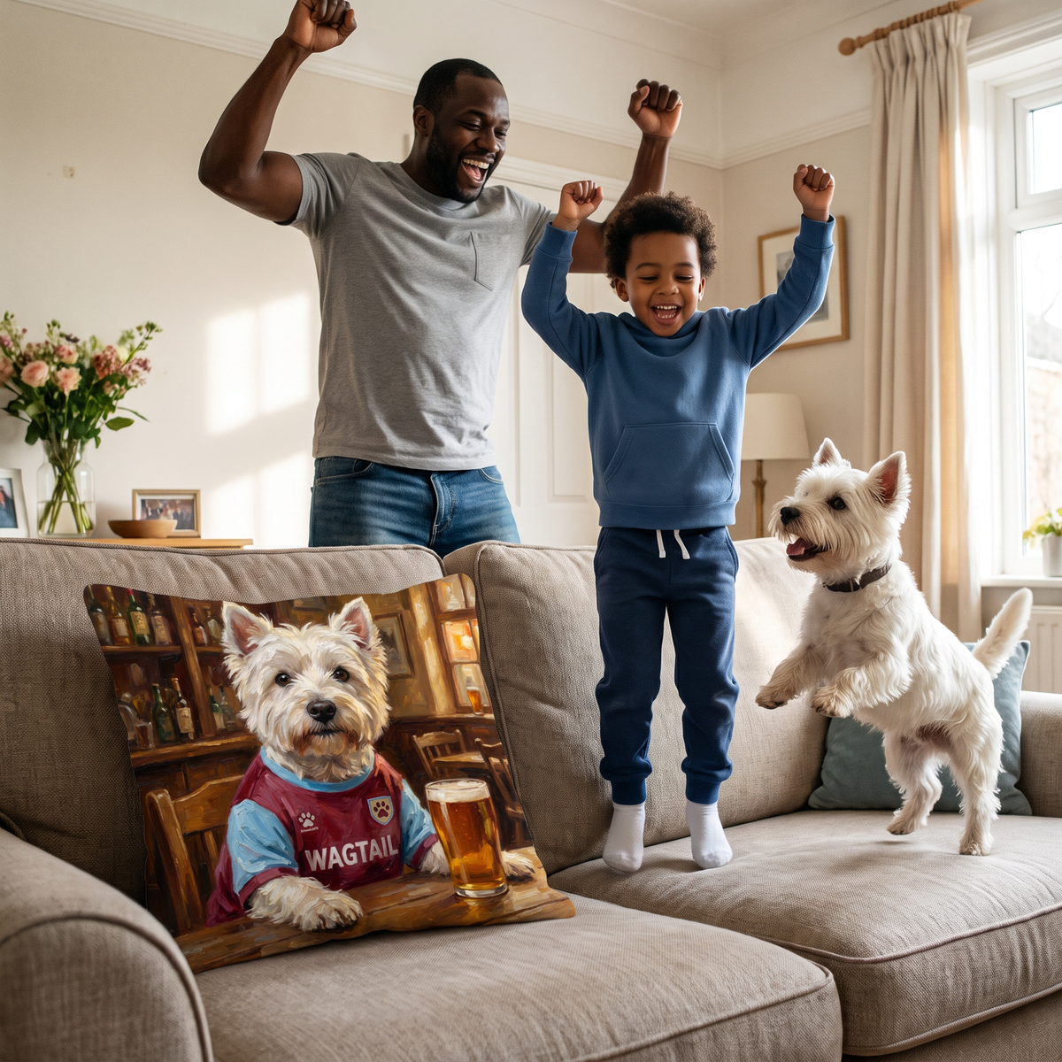 Westie Ham United pet portrait cushion 45cm x 45cm in a family home with the real pet