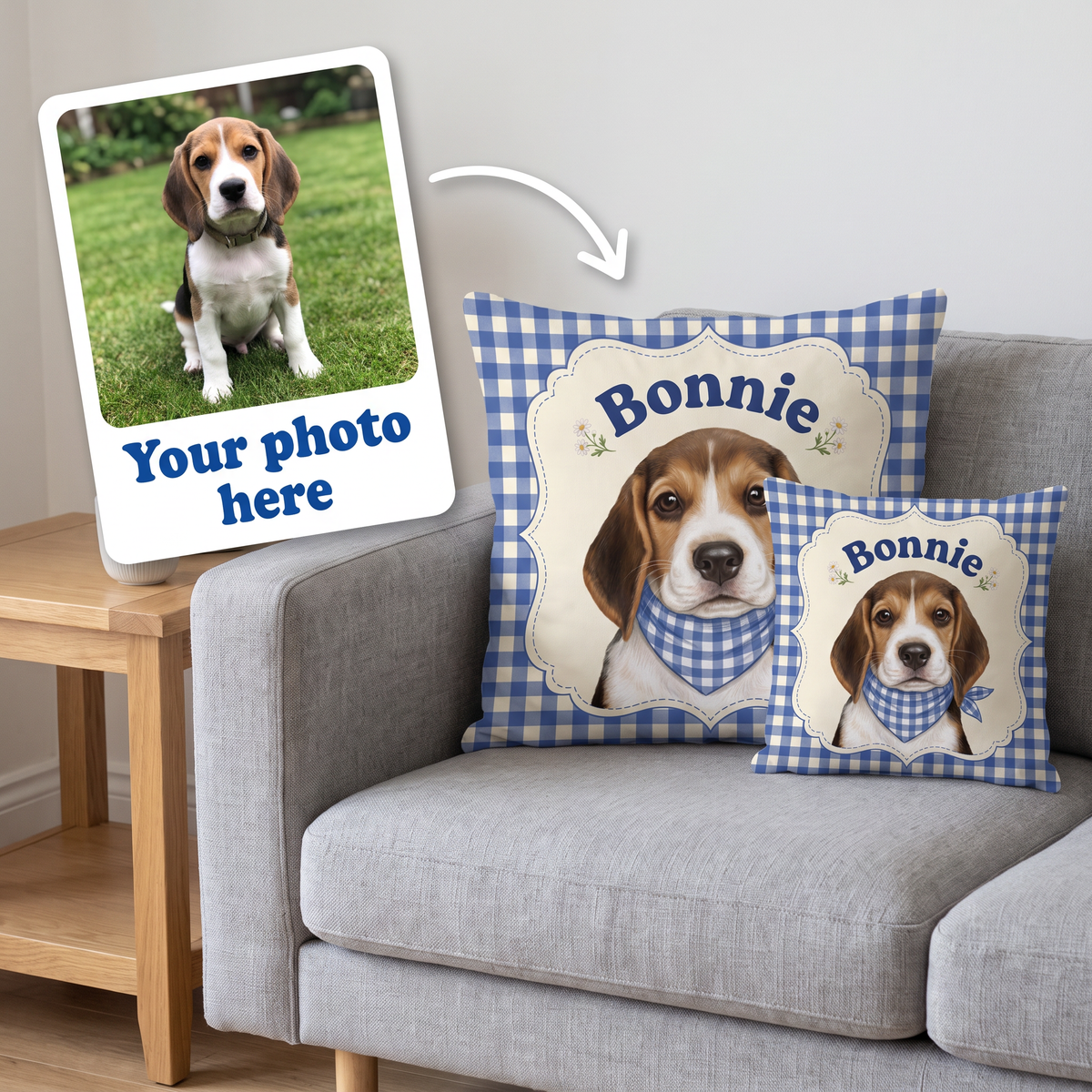 Your photo here - your pet's photo turned into a Picnic Gingham portrait on a personalised cushion