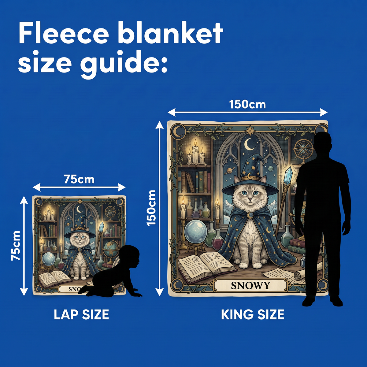 Fleece blanket size guide - Lap Size 75cm x 75cm and King Size 150cm x 150cm