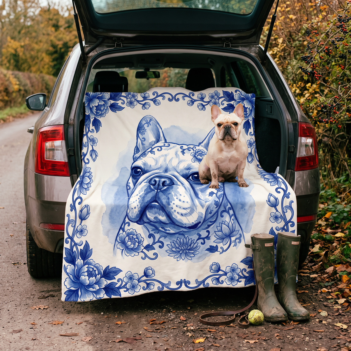 French bulldog on its portrait blanket in the car boot after a walk