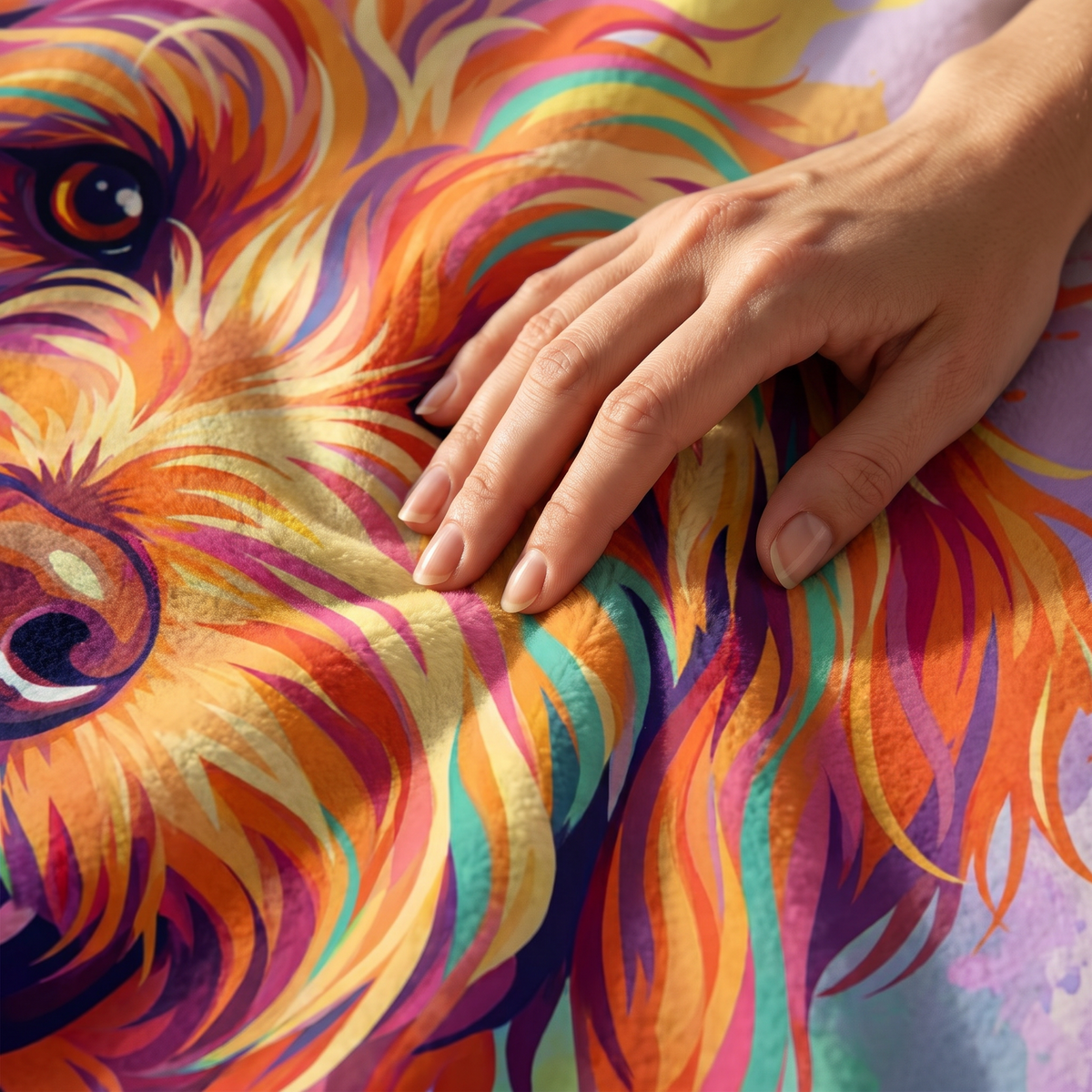 Close up of a hand on the ultra soft plush fleece showing the Paint Splash print