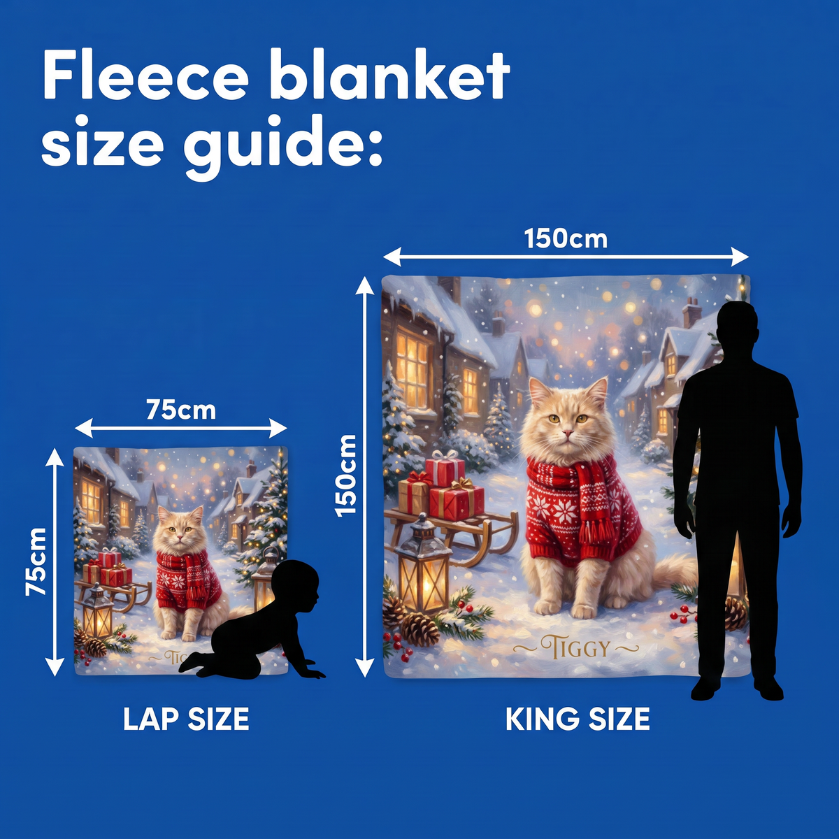 Fleece blanket size guide - Lap Size 75cm x 75cm and King Size 150cm x 150cm