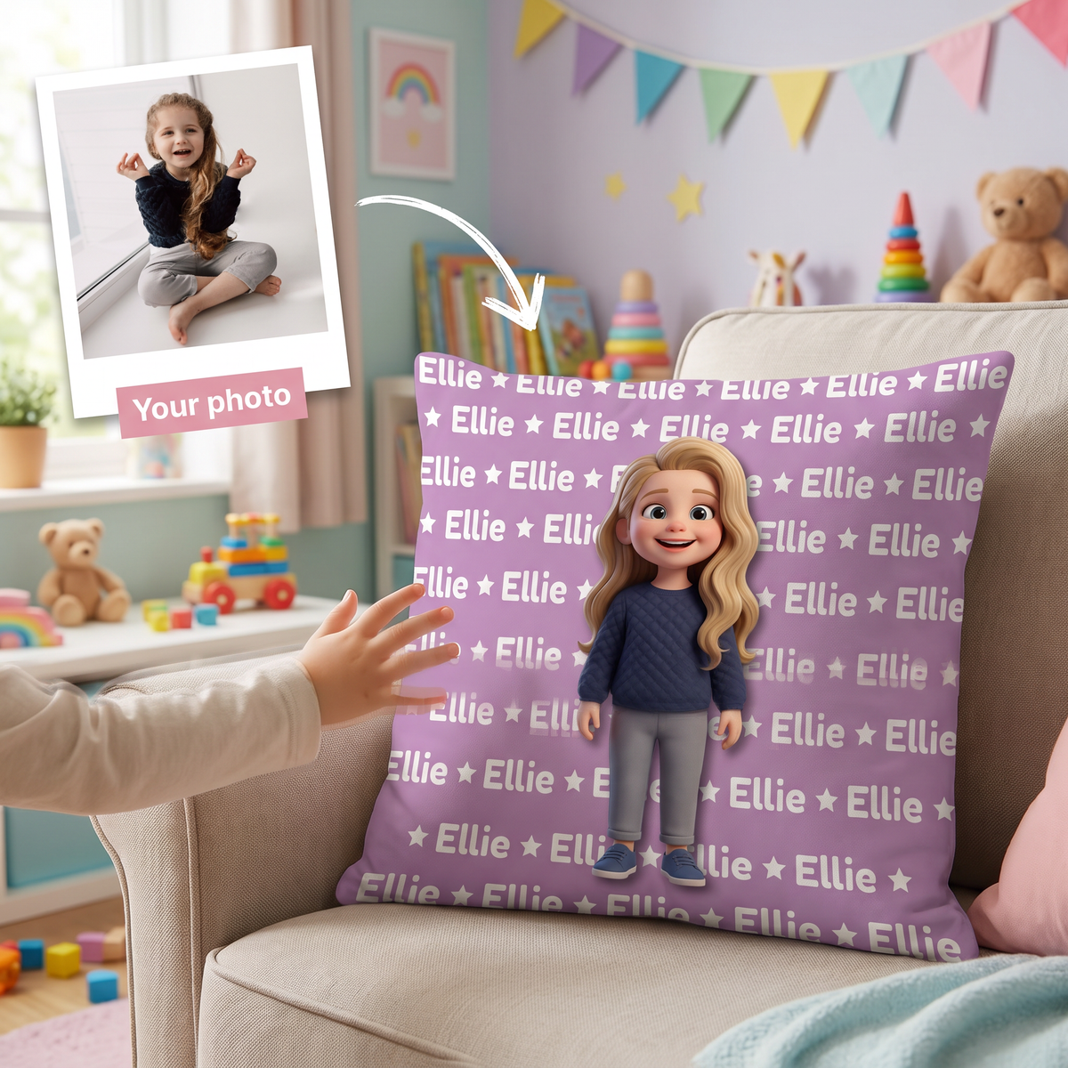 Your photo here - your child's photo turned into a Cartoon Name Pattern portrait on a personalised cushion