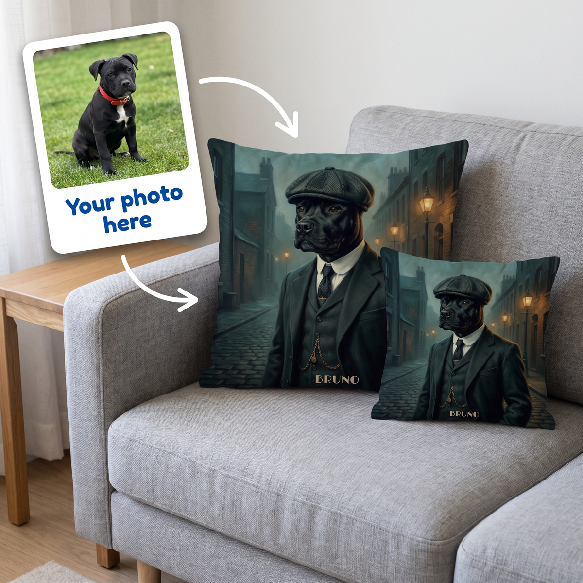 Your photo here - your pet's photo turned into a 1920s Flat Cap portrait on a personalised cushion