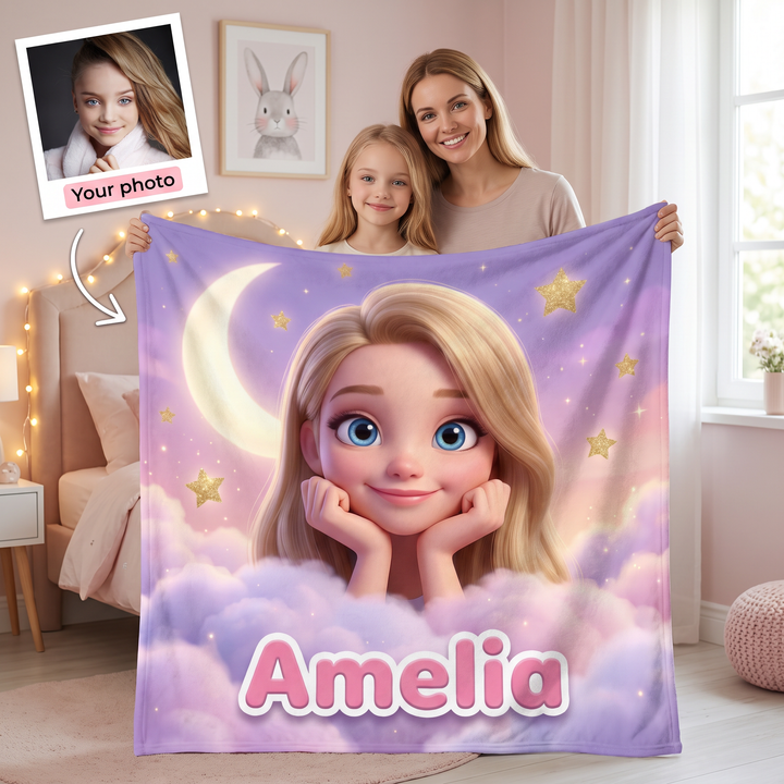 Your photo here - your child's photo turned into a Dreamy Clouds portrait on a king size fleece blanket