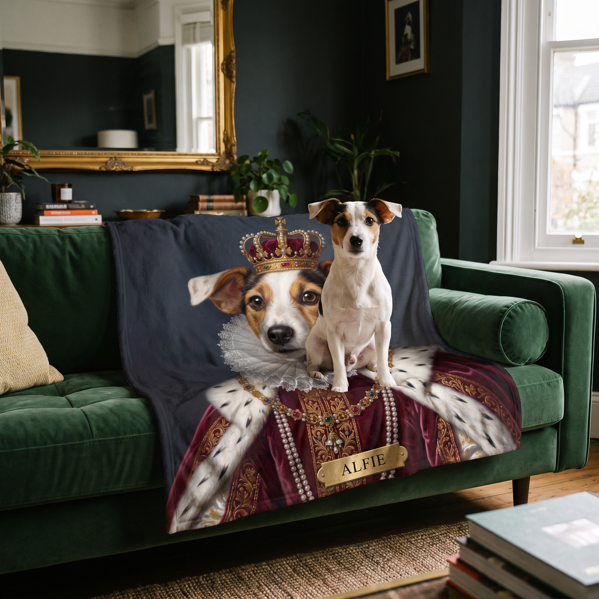 Jack Russell sitting like a king on its royal portrait blanket on a green velvet sofa