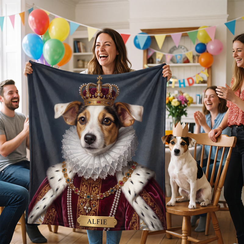 Birthday girl holding up a personalised royal pet portrait blanket with friends
