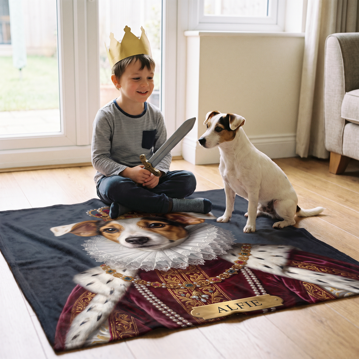Boy in a paper crown with his puppy on a lap size royal pet blanket