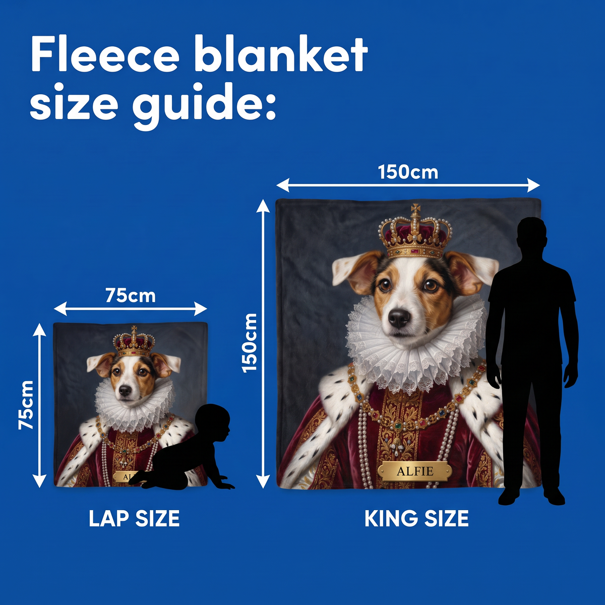 Fleece blanket size guide - Lap Size 75cm x 75cm and King Size 150cm x 150cm