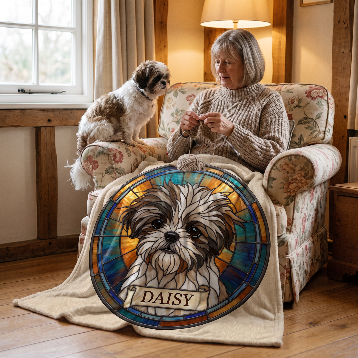 Woman knitting in a cottage armchair under a stained glass shih tzu blanket with her dog