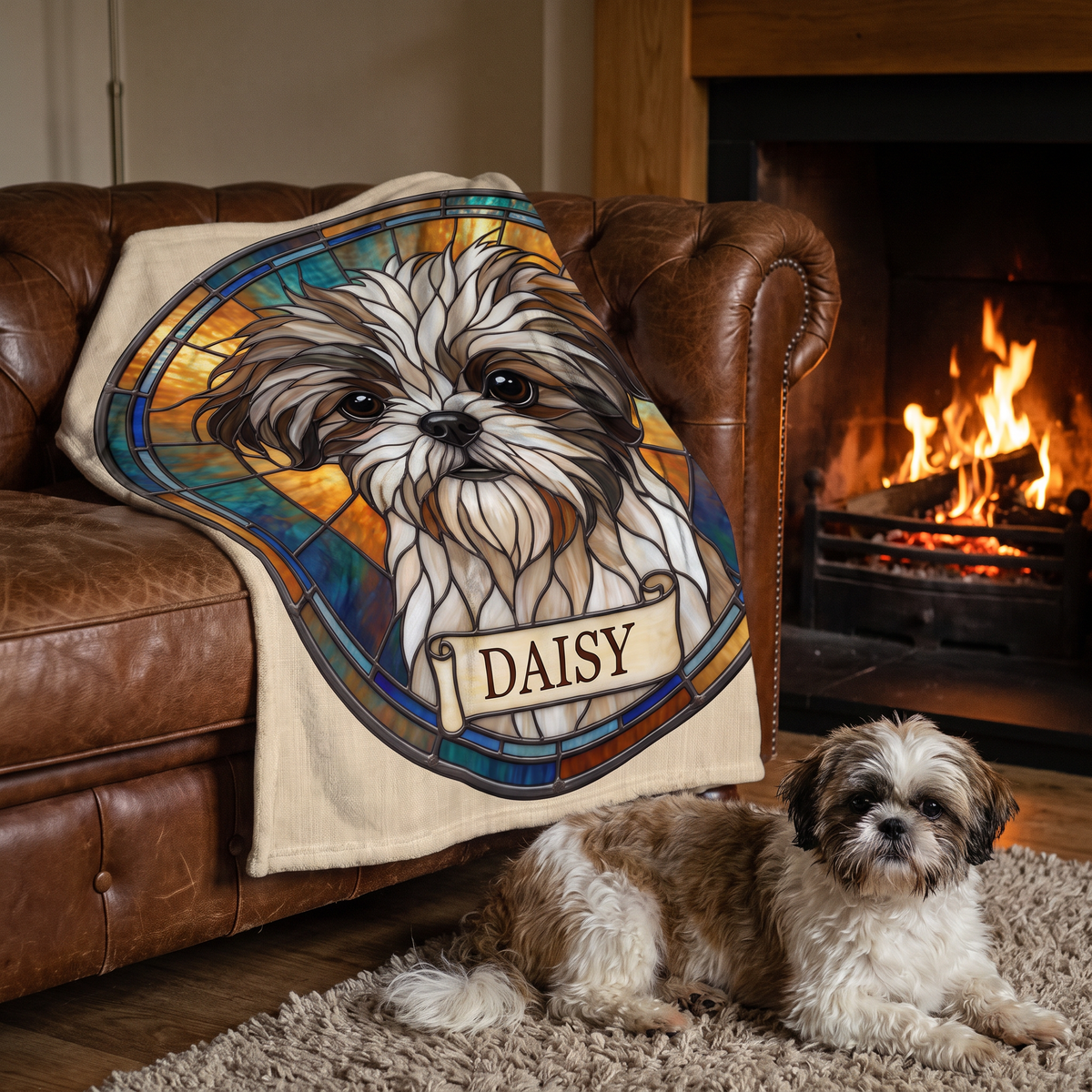 Stained glass pet portrait blanket on a leather chesterfield by the fire with the dog on the rug