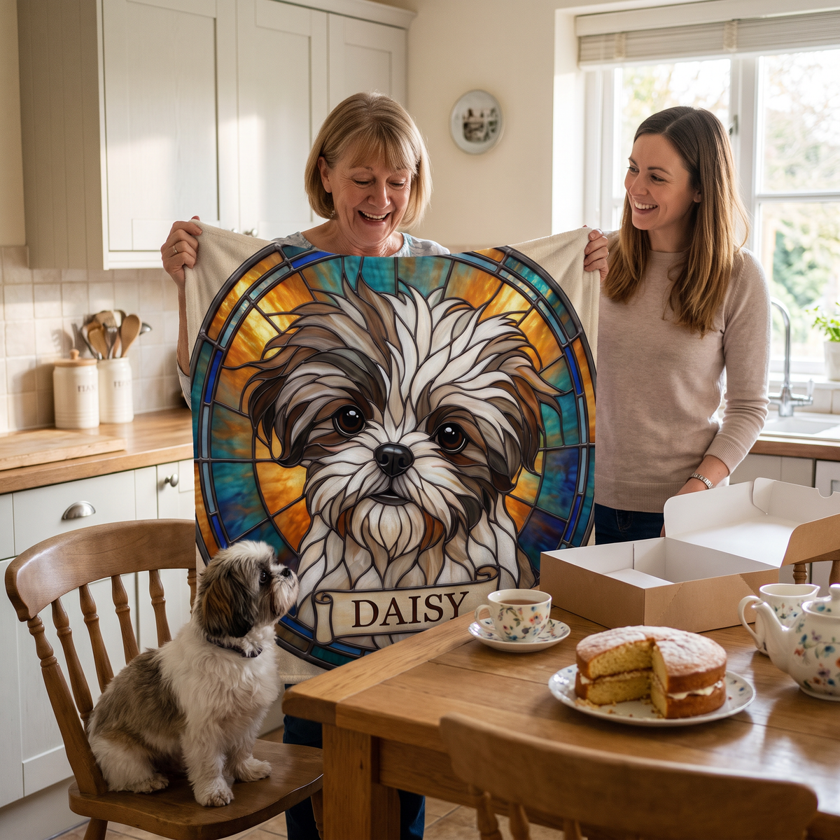 Mum delighted with a personalised stained glass pet blanket from her daughter