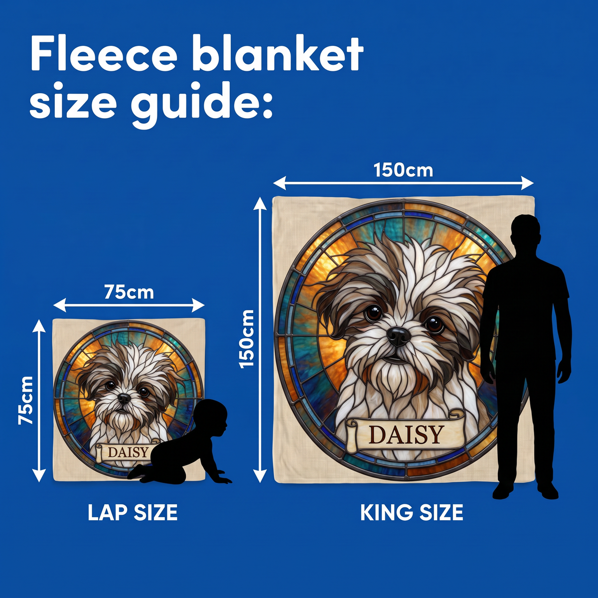 Fleece blanket size guide - Lap Size 75cm x 75cm and King Size 150cm x 150cm