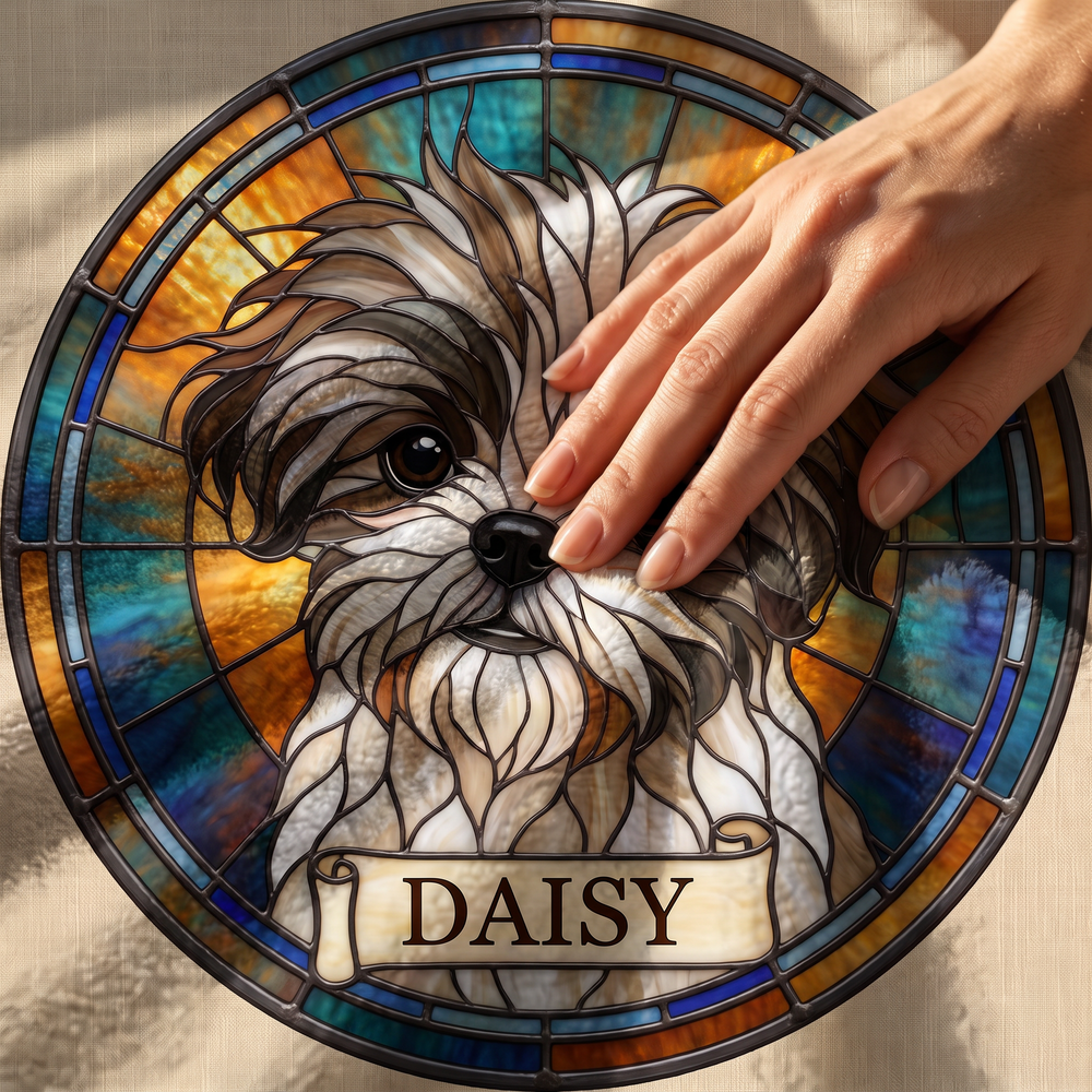 Close up of a hand on the ultra soft plush fleece showing the stained glass print