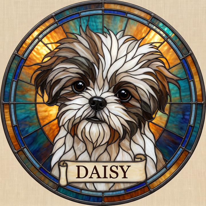 Stained glass pet portrait artwork of a shih tzu with name plaque