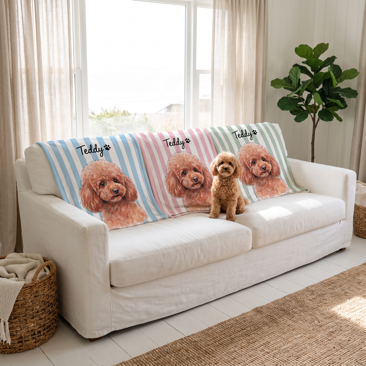 The striped pet portrait blanket in sky blue, candy pink and sage stripes