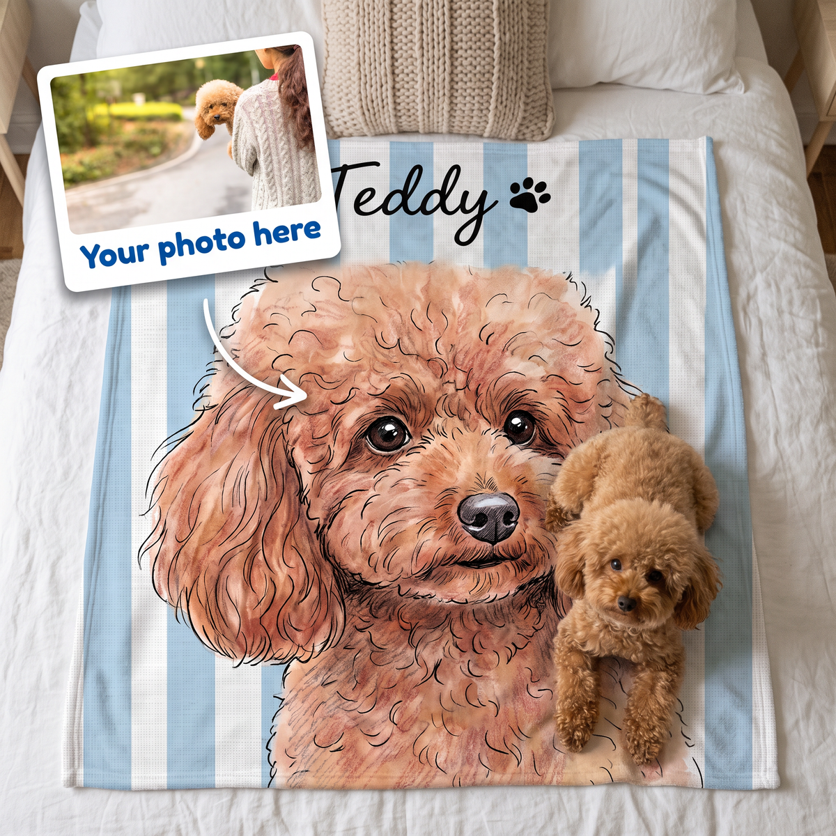 Your photo here - your pet's photo turned into a striped illustration on a king size fleece blanket