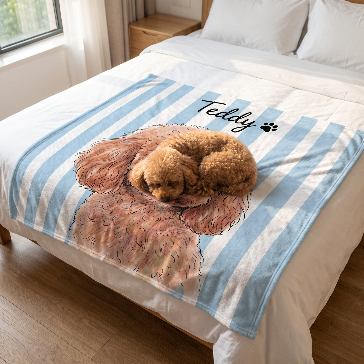 Toy poodle asleep on its striped portrait blanket at the foot of the bed