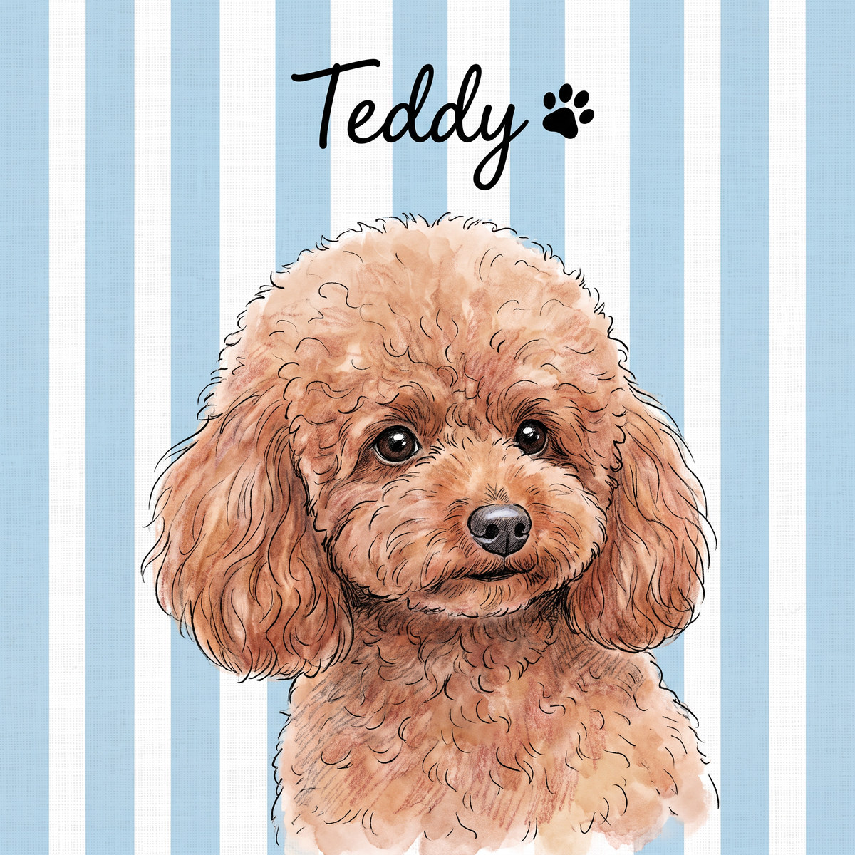 Striped pet portrait artwork of a toy poodle with name and paw print