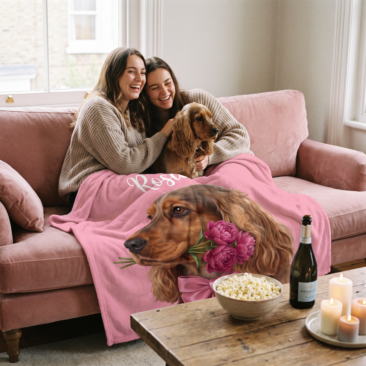 Two friends laughing on a pink sofa under a sweetheart spaniel portrait blanket