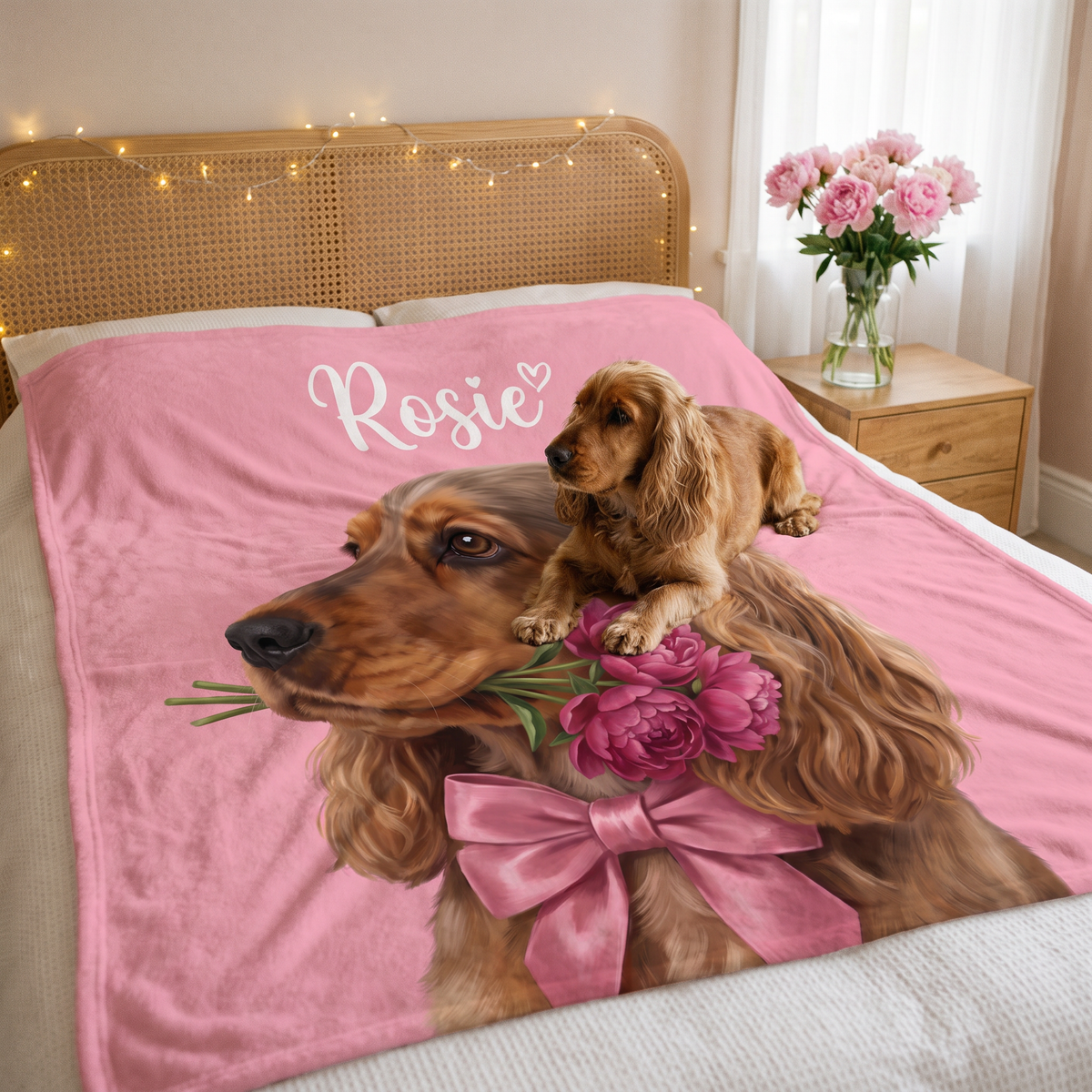 Cocker spaniel on its pink sweetheart portrait blanket in a pastel bedroom