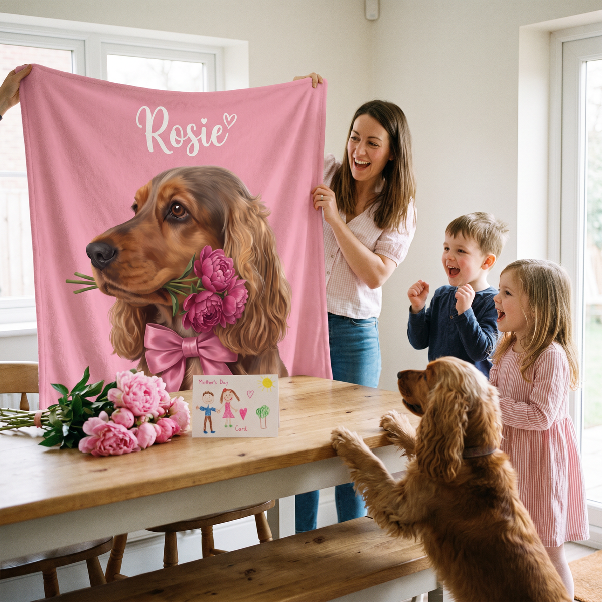 Mum unwrapping a personalised sweetheart pet blanket on Mother's Day