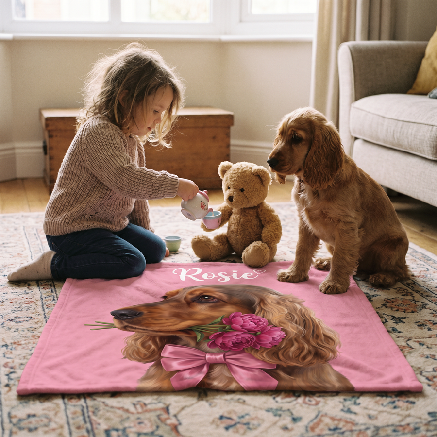 Girl's teddy bear tea party on a lap size sweetheart blanket with her puppy