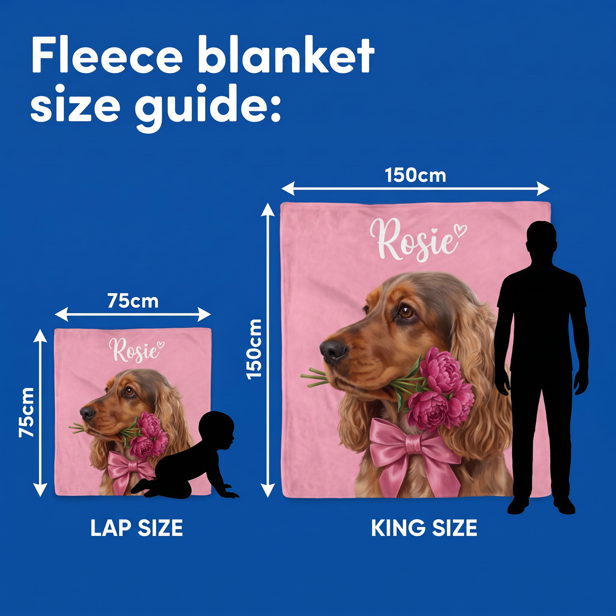 Fleece blanket size guide - Lap Size 75cm x 75cm and King Size 150cm x 150cm