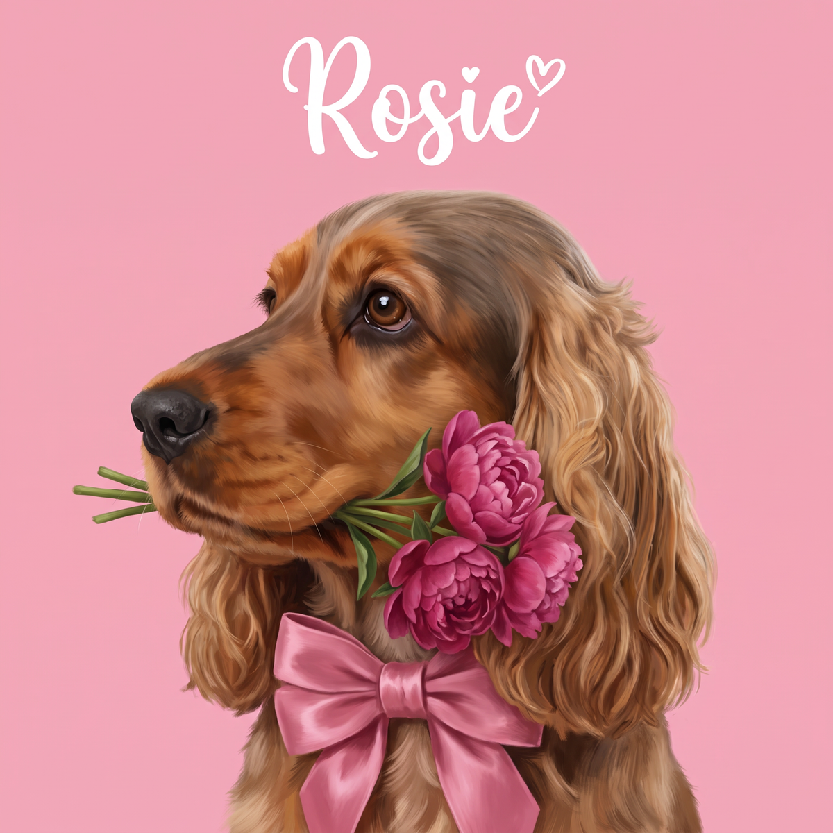 Sweetheart pet portrait artwork of a cocker spaniel holding peonies