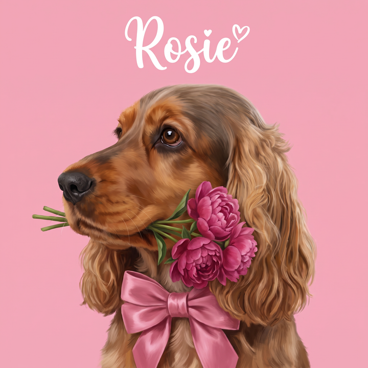 Sweetheart pet portrait artwork of a cocker spaniel holding peonies