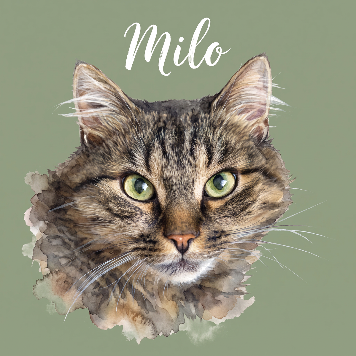 Watercolour cat portrait artwork of a tabby cat with name