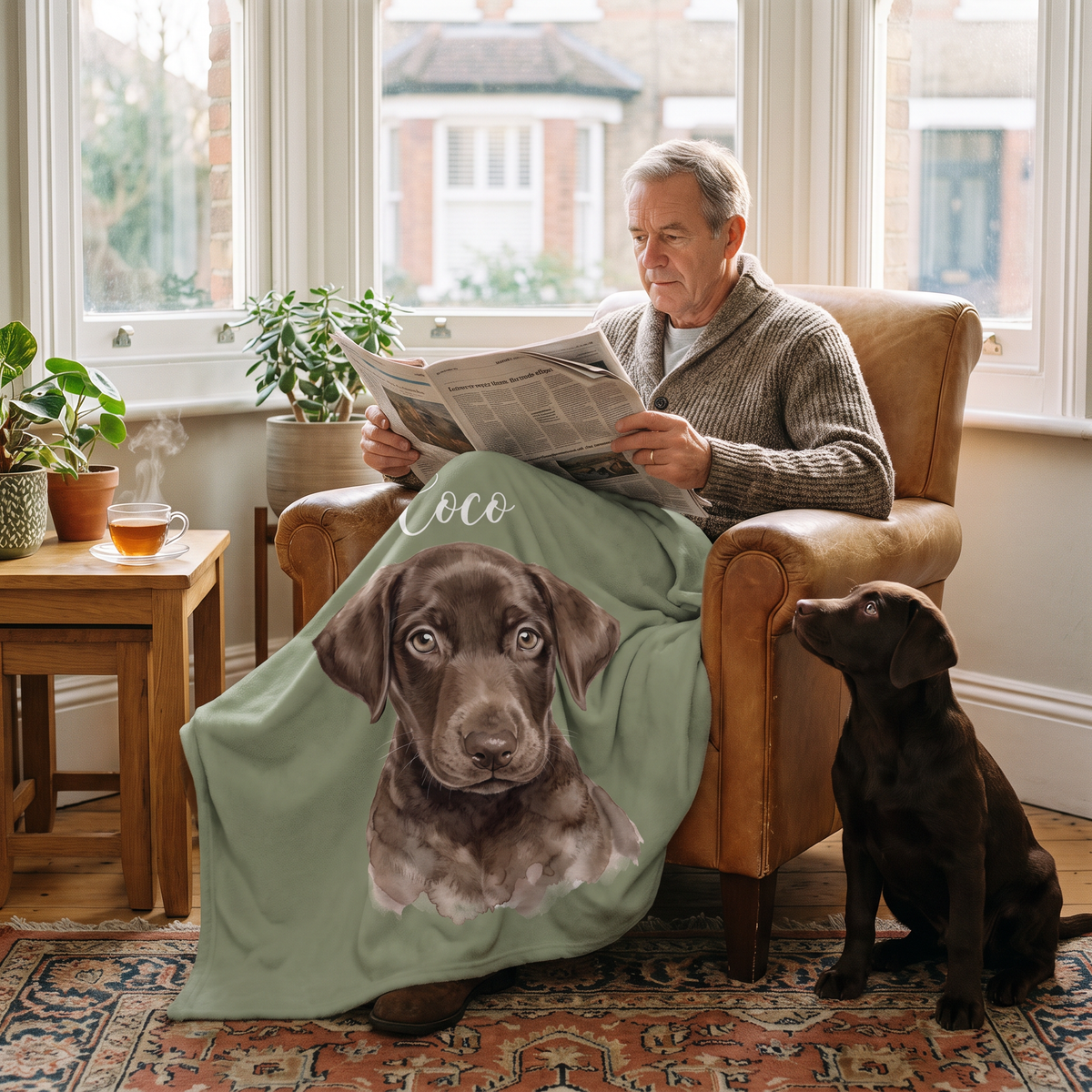 Man reading the paper in an armchair with a watercolour pet portrait blanket and his labrador