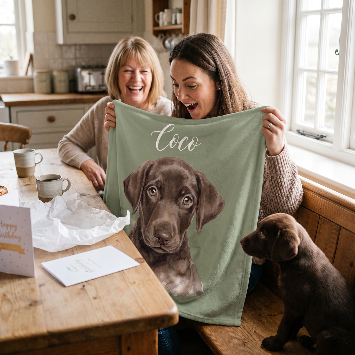 Woman unwrapping a personalised watercolour pet portrait blanket on her birthday