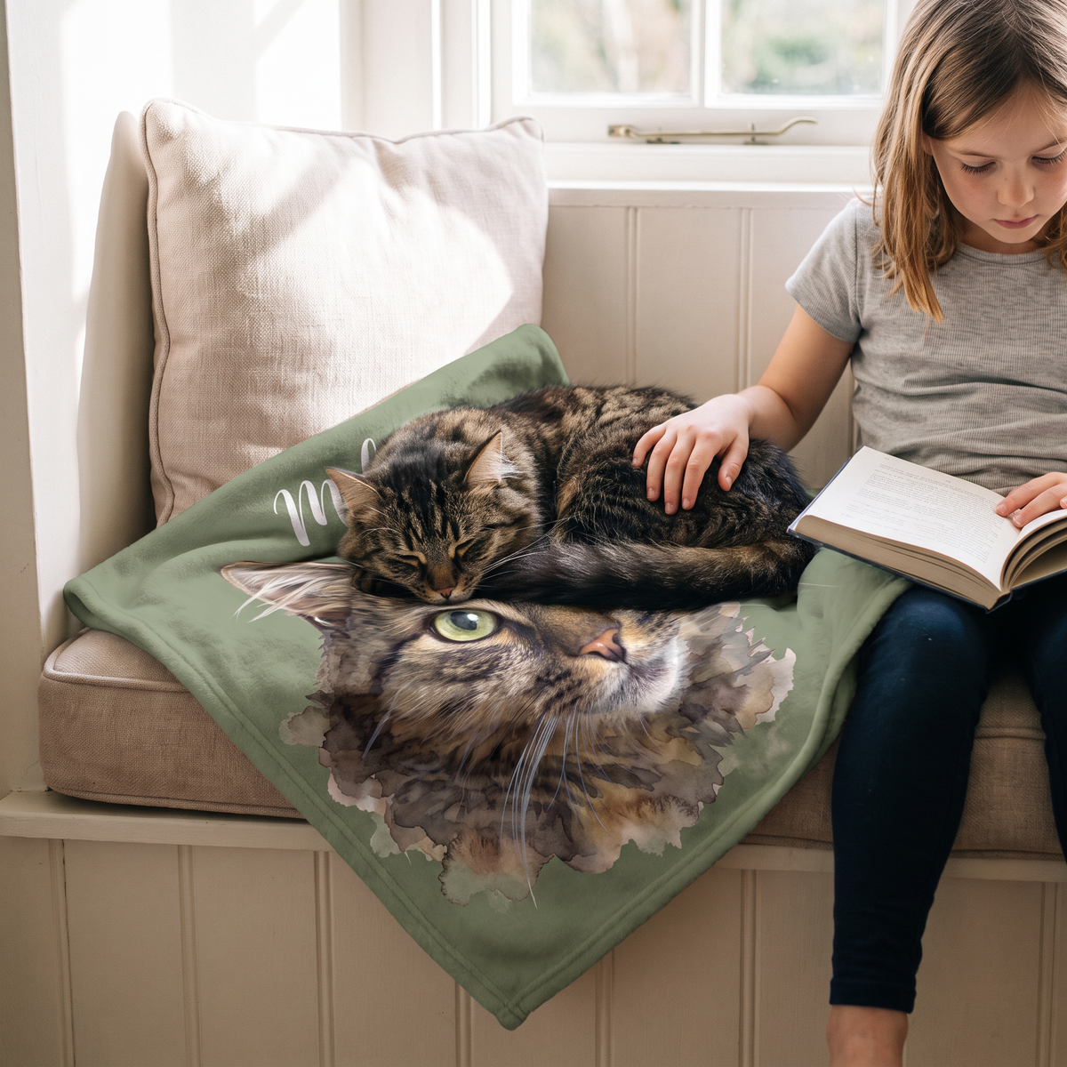 Tabby cat asleep on a lap size watercolour cat portrait blanket on a window seat