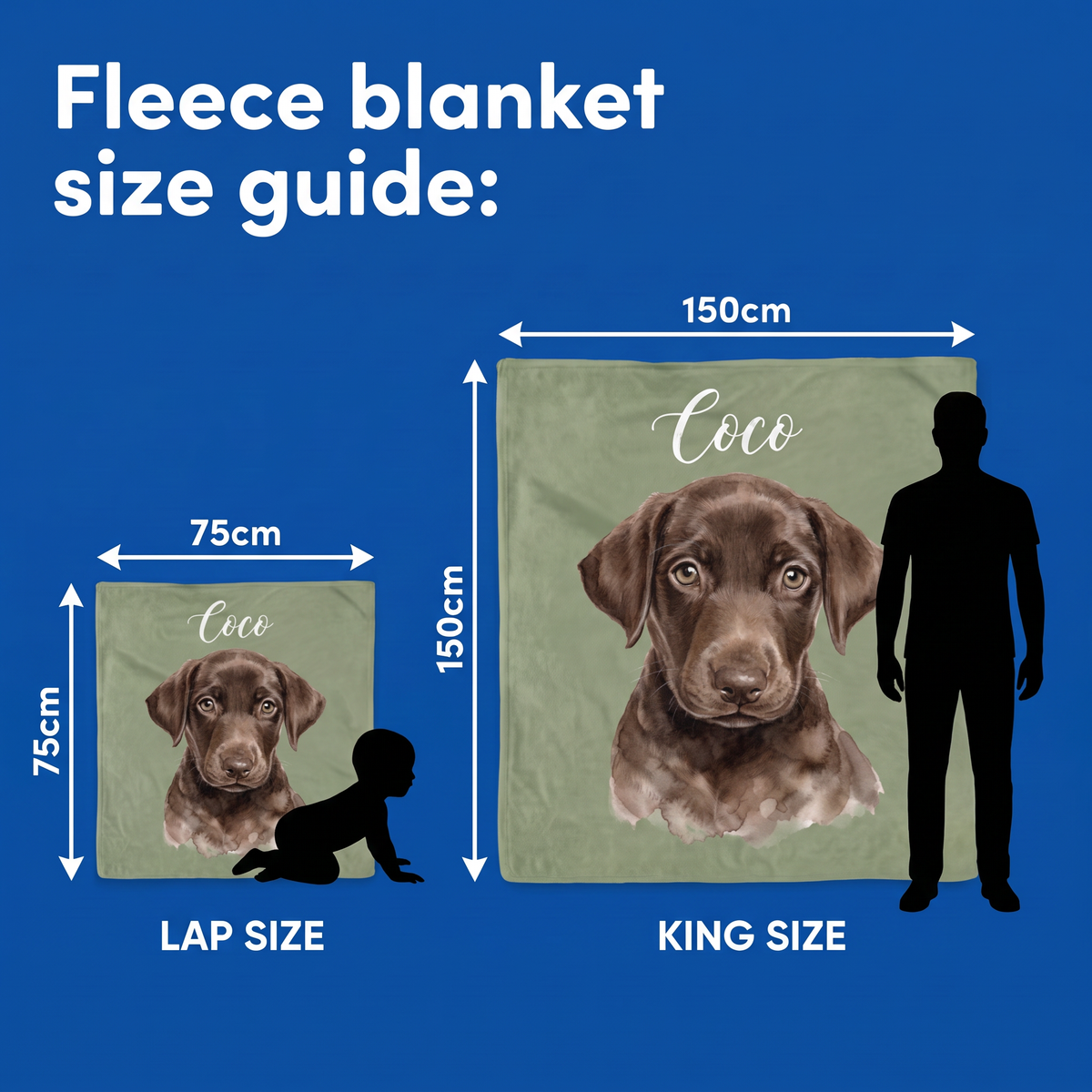 Fleece blanket size guide - Lap Size 75cm x 75cm and King Size 150cm x 150cm