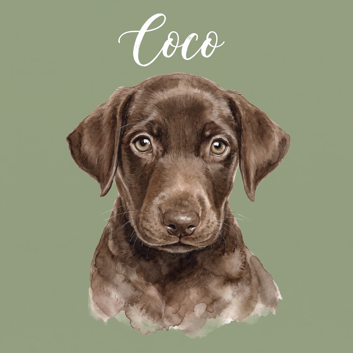 Watercolour pet portrait artwork of a chocolate labrador with name