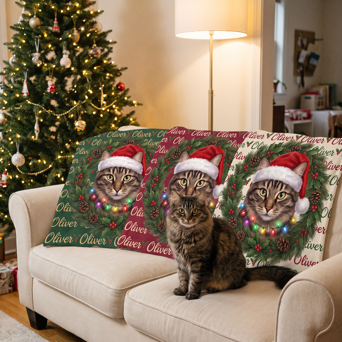The Christmas wreath pet blanket in cream, berry red and forest green