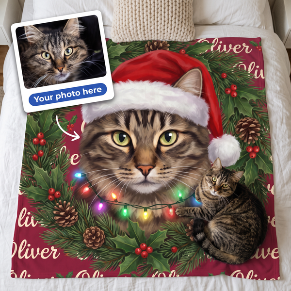 Your photo here - your pet's photo turned into a Christmas wreath portrait on a king size fleece blanket